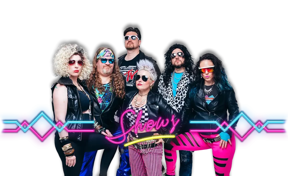 the deloreans posing in leather rock and roll costumes with the text "shows" in front.